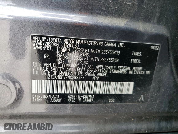 2022 Toyota RAV4 XLE Premium with VIN 2T3A1RFV7NC293473, listed as a Copart auction lot 58990175 with 30,095 mi miles and Salvage title. Bid and sale history available at DreamBid. Image 14.