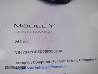 2025 Tesla Model Y Long Range with VIN 7SAYGDED0SF256230, listed as a IAAI auction lot 41356520 with 262 mi miles and . Bid and sale history available at DreamBid. Image 7.