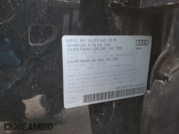 2019 Audi Q3 Premium Plus with VIN WA1BECF3XK1069346, listed as a Copart auction lot 38804023 with 21,783 mi miles. Bid and sale history available at carsss.com. Image 13.