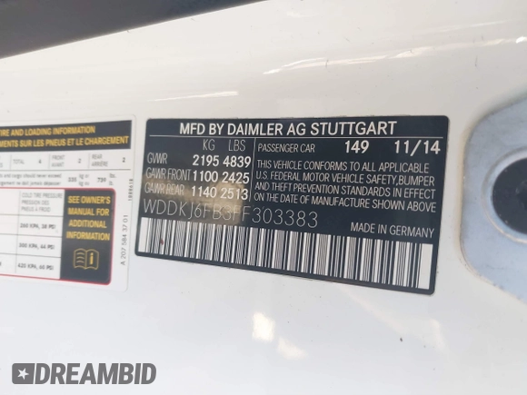 2015 Mercedes-Benz E-Class E 400 with VIN WDDKJ6FB3FF303383, listed as a IAAI auction lot 41818692 with 62,839 mi miles. Bid and sale history available at carsss.com. Image 9.