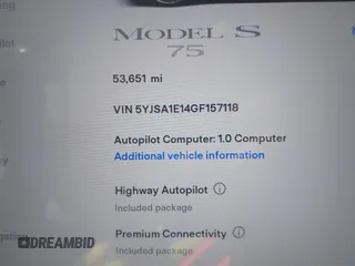2016 Tesla Model S 70 with VIN 5YJSA1E14GF157118, listed as a IAAI auction lot 41794381 with 53,651 mi miles and . Bid and sale history available at DreamBid. Image 16.