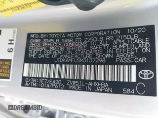 2021 Toyota Prius L Eco z VIN JTDKAMFU5M3137298, wystawiony jako IAAI lot #42270937 z przebiegiem 38 828 mil mil oraz . Historia ofert i sprzedaży dostępna na DreamBid. Obrazek 9.