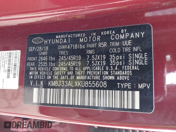 2019 Hyundai Tucson SEL with VIN KM8J33ALXKU855608, listed as a IAAI auction lot 41906199 with 52,741 mi miles. Bid and sale history available at carsss.com. Image 9.