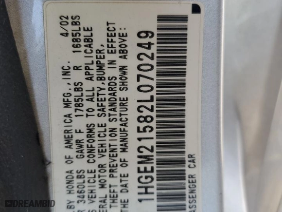 2002 Honda Civic LX with VIN 1HGEM21582L070249, listed as a Copart auction lot 86905734 with 157,554 mi miles and Salvage Title. Bid and sale history available at carsss.com. Image 15.