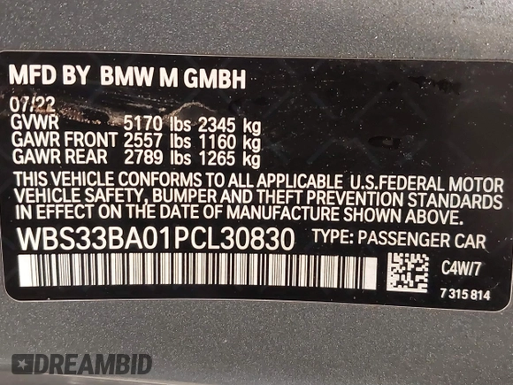 2023 BMW M4 Competition xDrive with VIN WBS33BA01PCL30830, listed as a IAAI auction lot 41402469 with 21,796 mi miles and . Bid and sale history available at DreamBid. Image 9.