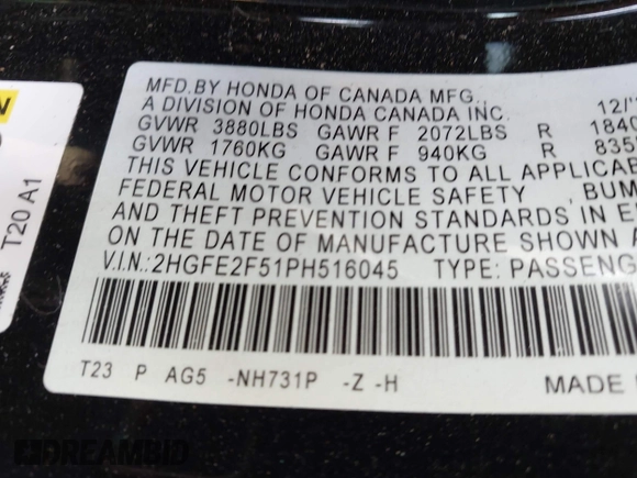 2023 Honda Civic Sport z VIN 2HGFE2F51PH516045, wystawiony jako IAAI lot #42171142 z przebiegiem 24 478 mil mil oraz . Historia ofert i sprzedaży dostępna na DreamBid. Obrazek 9.