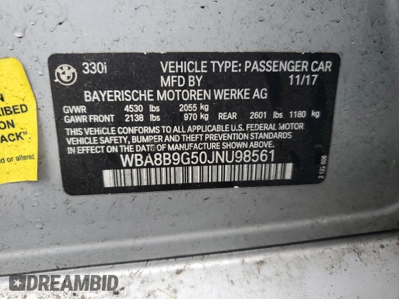 2018 BMW 3 Series 330i with VIN WBA8B9G50JNU98561, listed as a Copart auction lot 61293325 with 106,656 mi miles and Clean title. Bid and sale history available at DreamBid. Image 12.