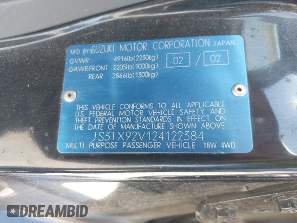 2002 Suzuki XL7 Standard with VIN JS3TX92V124122384, listed as a IAAI auction lot 42709086 with 196,311 mi miles and . Bid and sale history available at DreamBid. Image 9.