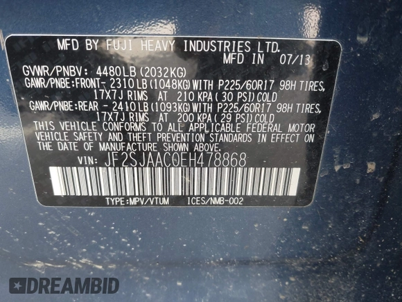 2014 Subaru Forester 2.5i with VIN JF2SJAAC0EH478868, listed as a IAAI auction lot 41930308 with 60,239 mi miles. Bid and sale history available at carsss.com. Image 9.