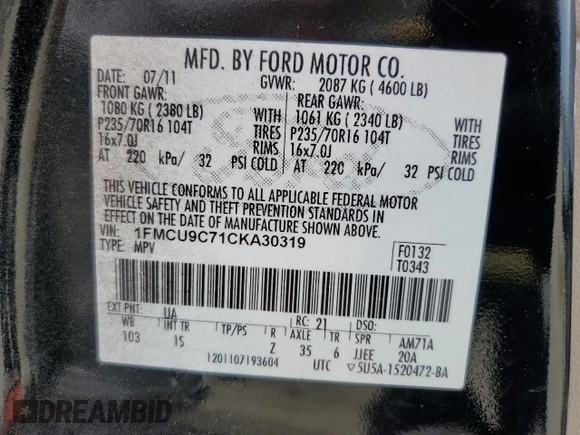 2012 Ford Escape XLS with VIN 1FMCU9C71CKA30319, listed as a Copart auction lot 60189745 with 214,736 mi miles and Salvage title. Bid and sale history available at DreamBid. Image 13.