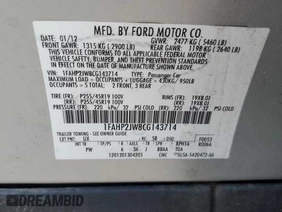 2012 Ford Taurus Limited with VIN 1FAHP2JW8CG143714, listed as a Copart auction lot 81617054 with 167,799 mi miles and Salvage title. Bid and sale history available at DreamBid. Image 12.