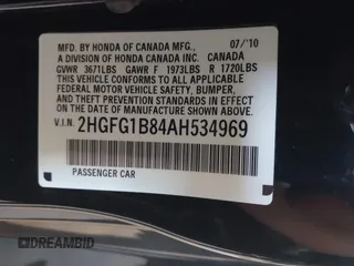 2010 Honda Civic Cpe EX with VIN 2HGFG1B84AH534969, listed as a IAAI auction lot 42067211 with 85,919 mi miles. Bid and sale history available at carsss.com. Image 9.