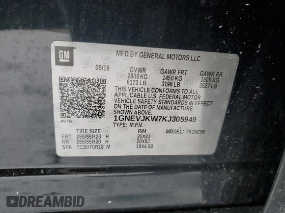 2019 Chevrolet Traverse RS with VIN 1GNEVJKW7KJ305949, listed as a Copart auction lot 45947775 with 172,597 mi miles and Salvage Title. Bid and sale history available at carsss.com. Image 15.