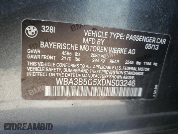 2013 BMW 3 Series 328i xDrive with VIN WBA3B5G5XDNS03246, listed as a Copart auction lot 58246795 with 181,438 mi miles and Clean title. Bid and sale history available at DreamBid. Image 12.
