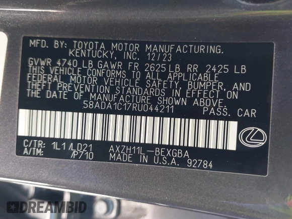 2024 Lexus ES with VIN 58ADA1C17RU044211, listed as a IAAI auction lot 41824731 with 36,048 mi miles. Bid and sale history available at carsss.com. Image 9.