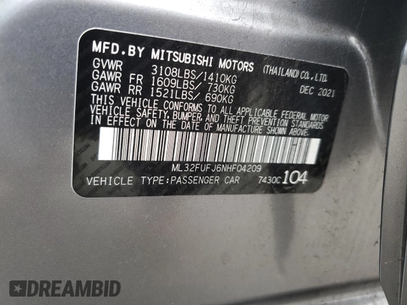 2022 Mitsubishi Mirage G4 ES with VIN ML32FUFJ6NHF04209, listed as a Copart auction lot 78268243 with 17,933 mi miles and Salvage Title. Bid and sale history available at carsss.com. Image 12.
