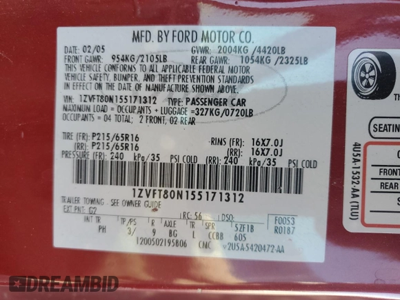 2005 Ford Mustang Deluxe with VIN 1ZVFT80N155171312, listed as a Copart auction lot 57504585 with 141,922 mi miles and Salvage title. Bid and sale history available at DreamBid. Image 12.