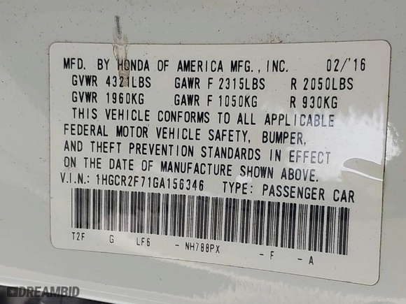 2016 Honda Accord Sedan EX with VIN 1HGCR2F71GA156346, listed as a IAAI auction lot 41990828 with 151,307 mi miles. Bid and sale history available at carsss.com. Image 9.