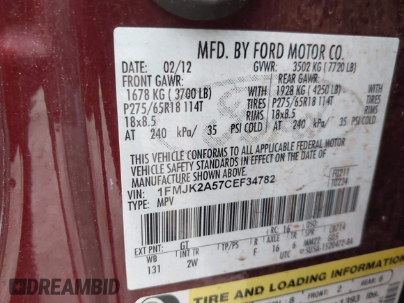 2012 Ford Expedition Max Limited с VIN 1FMJK2A57CEF34782, выставлен на аукционе IAAI как лот 42364292 с пробегом 276 614 миль миль и . История ставок и продаж доступна на DreamBid. Изображение 9.