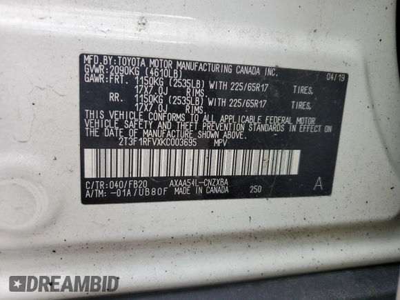 2019 Toyota RAV4 LE with VIN 2T3F1RFVXKC003695, listed as a Copart auction lot 52426575 with 59,163 mi miles and Salvage Title. Bid and sale history available at DreamBid. Image 13.
