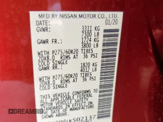 2020 Nissan Titan SL с VIN 1N6AA1ED5LN502137, выставлен на аукционе Copart как лот 59094945 с пробегом 42 241 миль миль и Списание • Salvage title. История ставок и продаж доступна на DreamBid. Изображение 12.