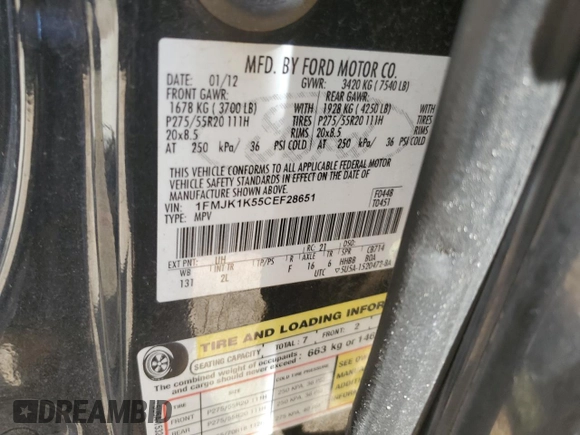 2012 Ford Expedition Max Limited with VIN 1FMJK1K55CEF28651, listed as a Copart auction lot 52592905 with Not provided miles and Salvage title. Bid and sale history available at DreamBid. Image 13.