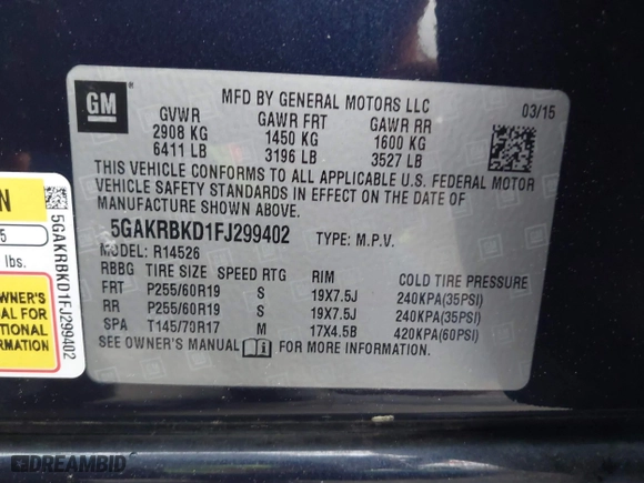 2015 Buick Enclave Leather with VIN 5GAKRBKD1FJ299402, listed as a IAAI auction lot 41923390 with 171,480 mi miles. Bid and sale history available at carsss.com. Image 9.
