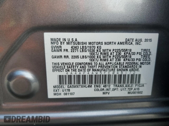 2015 Mitsubishi Outlander Sport 2.4 GT with VIN 4A4AP4AW5FE048172, listed as a Copart auction lot 47135705 with 158,333 mi miles and Salvage Title. Bid and sale history available at carsss.com. Image 14.