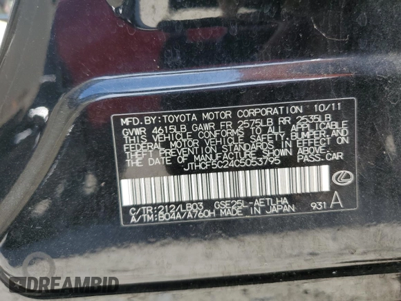2012 Lexus IS 250 with VIN JTHCF5C24C5053795, listed as a Copart auction lot 51798535 with 139,567 mi miles and Salvage Title. Bid and sale history available at DreamBid. Image 12.