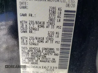 2020 Nissan Murano S with VIN 5N1AZ2AS4LN167339, listed as a Copart auction lot 45813445 with Not Provided miles and Salvage Title. Bid and sale history available at DreamBid. Image 15.
