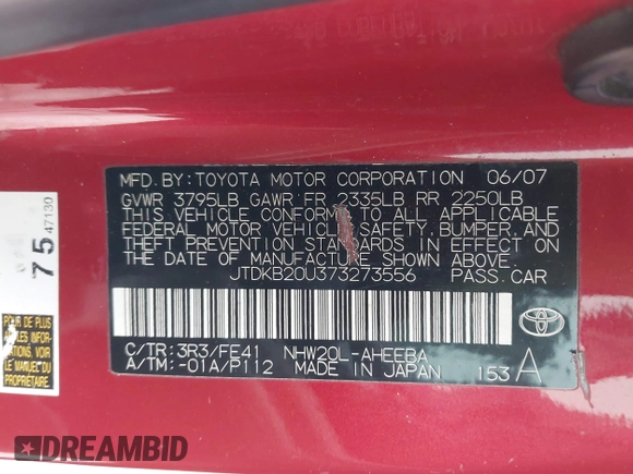 2007 Toyota Prius with VIN JTDKB20U373273556, listed as a IAAI auction lot 41293459 with 154,925 mi miles. Bid and sale history available at carsss.com. Image 9.