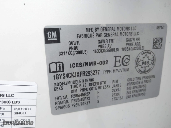 2015 Cadillac Escalade Premium with VIN 1GYS4CKJXFR293277, listed as a IAAI auction lot 41657816 with 93,140 mi miles. Bid and sale history available at carsss.com. Image 9.