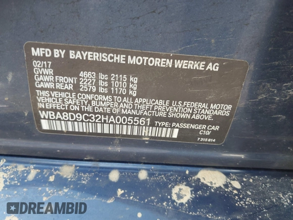 2017 BMW 3 Series 330i xDrive with VIN WBA8D9C32HA005561, listed as a IAAI auction lot 42161234 with Not provided miles and . Bid and sale history available at DreamBid. Image 9.
