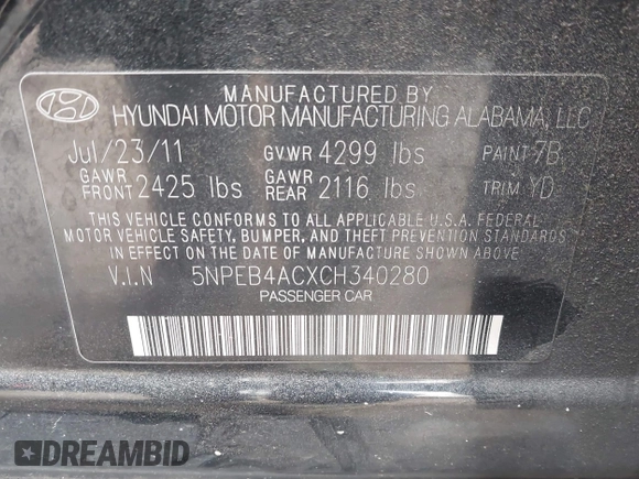 2012 Hyundai Sonata GLS with VIN 5NPEB4ACXCH340280, listed as a IAAI auction lot 41375927 with Not Provided miles. Bid and sale history available at carsss.com. Image 9.