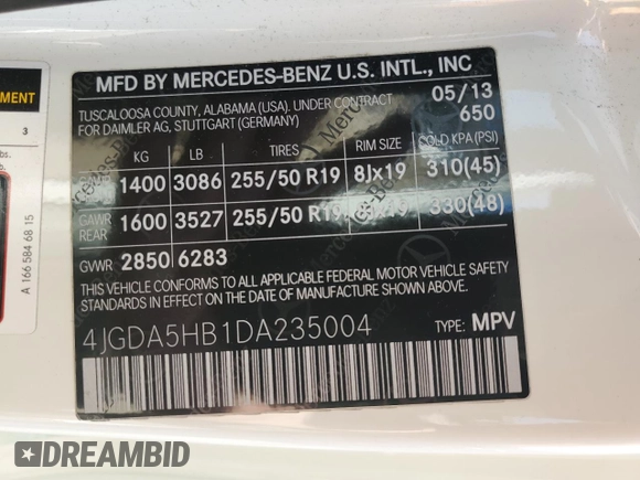 2013 Mercedes-Benz M 350 with VIN 4JGDA5HB1DA235004, listed as a Copart auction lot 59110965 with 91,075 mi miles and Salvage title. Bid and sale history available at DreamBid. Image 13.
