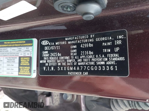 2012 Kia Optima LX with VIN 5XXGM4A77CG033361, listed as a IAAI auction lot 42210159 with 214,137 mi miles and . Bid and sale history available at carsss.com. Image 9.