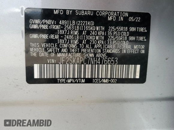 2022 Subaru Forester Limited с VIN JF2SKAPC7NH476653, выставлен на аукционе Copart как лот 55281355 с пробегом 21 219 миль миль и На запчасти • Non repairable. История ставок и продаж доступна на DreamBid. Изображение 14.