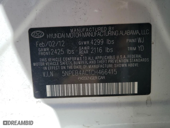 2012 Hyundai Sonata GLS PZEV with VIN 5NPEB4AC1CH466415, listed as a Copart auction lot 53166475 with 149,930 mi miles and Clean Title. Bid and sale history available at carsss.com. Image 12.