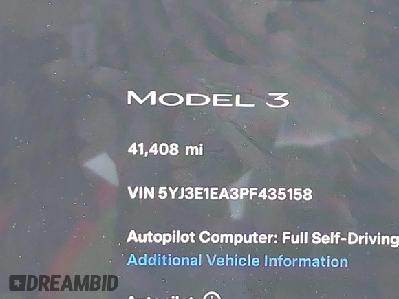 2023 Tesla Model 3 z VIN 5YJ3E1EA3PF435158, wystawiony jako IAAI lot #42356031 z przebiegiem 41 408 mil mil oraz . Historia ofert i sprzedaży dostępna na DreamBid. Obrazek 7.