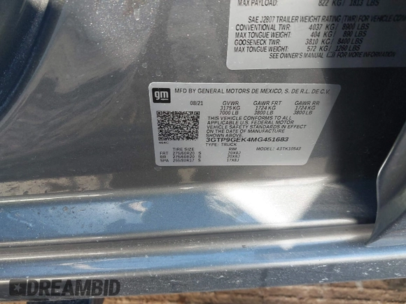 2021 GMC Sierra 1500 with VIN 3GTP9GEK4MG451683, listed as a IAAI auction lot 41472181 with 71,811 mi miles and . Bid and sale history available at DreamBid. Image 9.