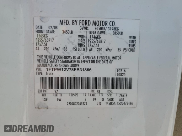 2008 Ford F-150 XLT с VIN 1FTPW12V78FB31866, выставлен на аукционе Copart как лот 48955685 с пробегом 228 730 миль миль и Списание • Salvage title. История ставок и продаж доступна на DreamBid. Изображение 12.