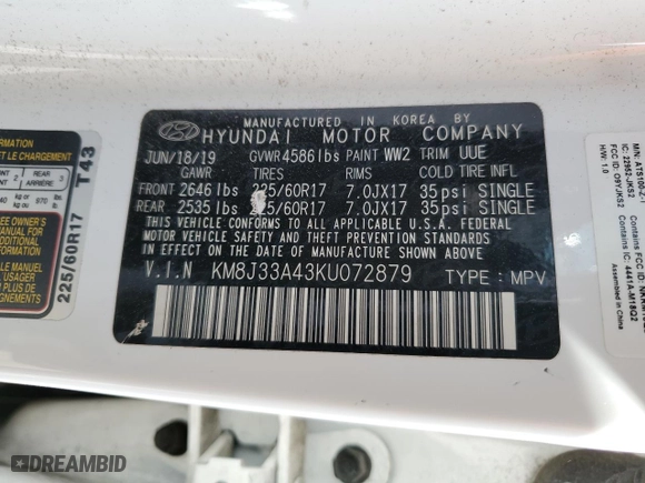 2019 Hyundai Tucson Value with VIN KM8J33A43KU072879, listed as a Copart auction lot 45157275 with 96,397 mi miles and Salvage Title. Bid and sale history available at carsss.com. Image 14.