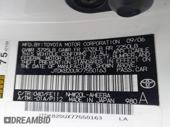 2007 Toyota Prius z VIN JTDKB20UX77550163, wystawiony jako IAAI lot #42379609 z przebiegiem 136 507 mil mil oraz . Historia ofert i sprzedaży dostępna na DreamBid. Obrazek 9.
