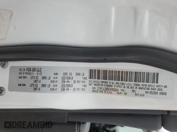 2015 Jeep Cherokee Limited with VIN 1C4PJLDB5FW765834, listed as a Copart auction lot 46186225 with 87,758 mi miles and Salvage Title. Bid and sale history available at DreamBid. Image 12.