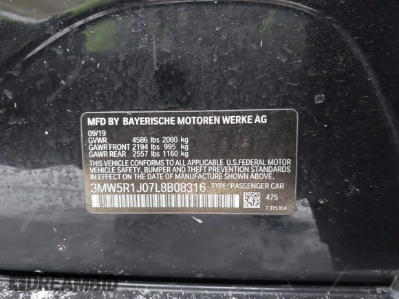 2020 BMW 3 Series 330i with VIN 3MW5R1J07L8B08316, listed as a IAAI auction lot 41487028 with 110,280 mi miles and . Bid and sale history available at DreamBid. Image 9.
