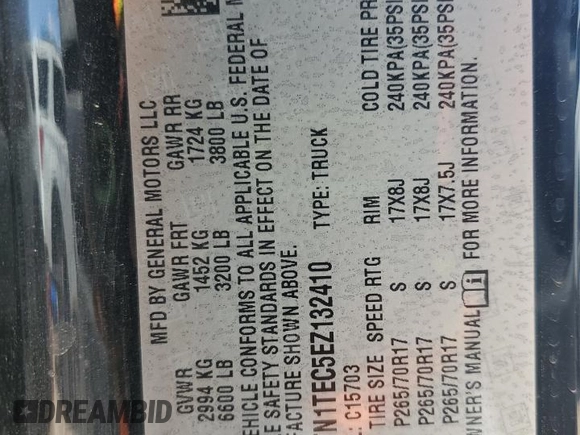 2014 GMC Sierra 1500 z VIN 1GTN1TEC5EZ132410, wystawiony jako Copart lot #55172565 z przebiegiem 144 295 mil mil oraz Szkoda całkowita • Salvage title. Historia ofert i sprzedaży dostępna na DreamBid. Obrazek 12.