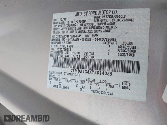 2000 Ford Windstar SEL with VIN 2FMDA534XYBB14085, listed as a IAAI auction lot 41666094 with 423,305 mi miles and . Bid and sale history available at DreamBid. Image 9.