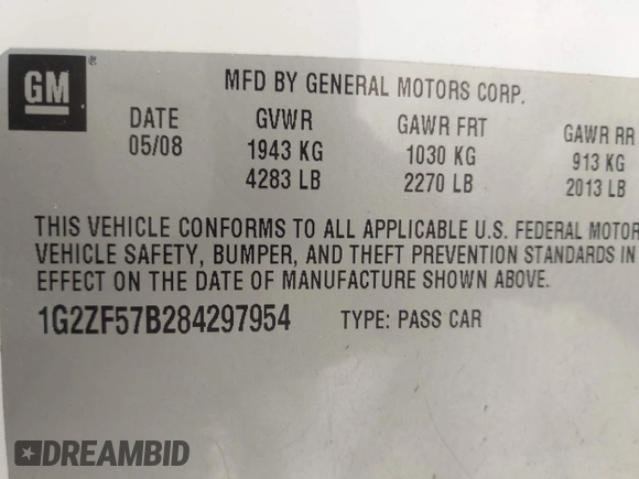 2008 Pontiac G6 1SV Value Leader with VIN 1G2ZF57B284297954, listed as a IAAI auction lot 41864563 with 203,678 mi miles. Bid and sale history available at carsss.com. Image 9.