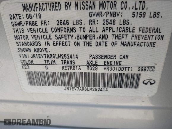 2020 Infiniti Q50 Premium with VIN JN1EV7AR6LM252414, listed as a IAAI auction lot 40101180 with 82,173 mi miles and . Bid and sale history available at DreamBid. Image 9.