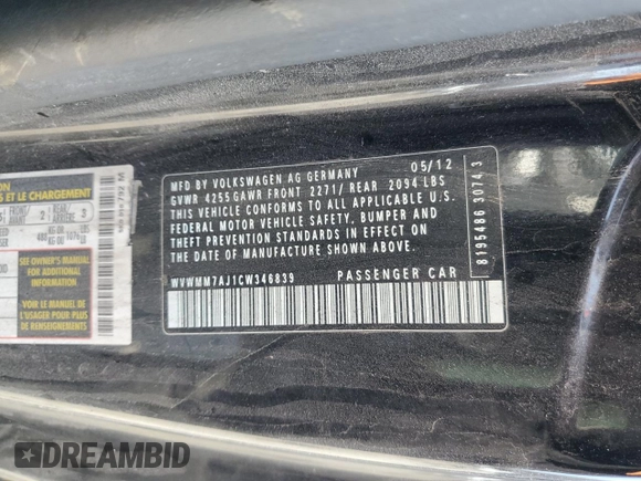 2012 Volkswagen Golf TDI w/Tech Pkg with VIN WVWMM7AJ1CW346839, listed as a Copart auction lot 48751445 with Not provided miles and Salvage title. Bid and sale history available at DreamBid. Image 14.